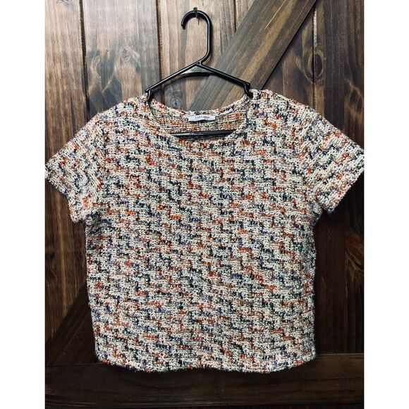 Zara Tweed Gold Multi Colored Trafaluc Shirt Blouse Sz L - Picture 1 of 6